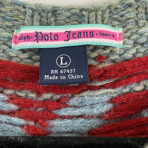 Vintage Ralph Lauren Green Cable Knit Sweater with Red Floral Design Size Lg - Picture 2 of 8